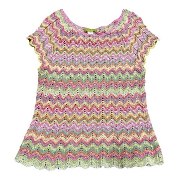 Vintage 90's Sigrid Olsen Pastel Crochet Chevron Short Sleeve Sweater Womens XL - Picture 1 of 7